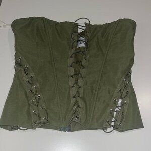 green strapless corset top going
